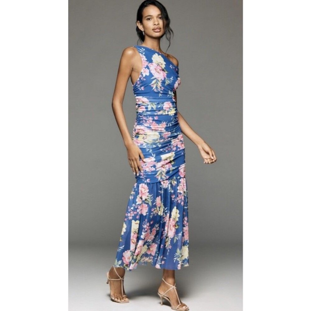 Anthropologie Off The Shoulder  Floral Mesh Maxi Dress Ruched Women's Small NWT